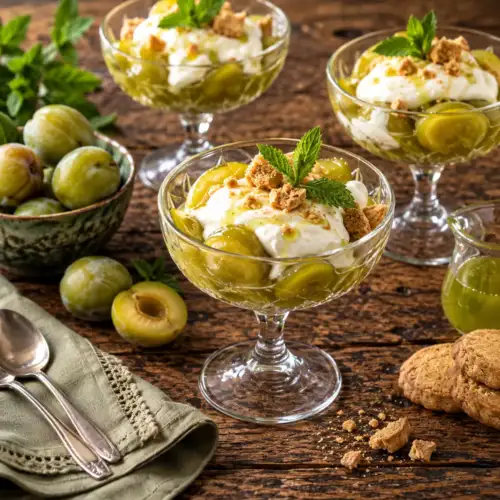 Reine-Claude dessert met yoghurt, limoensiroop, kletskop en verse munt