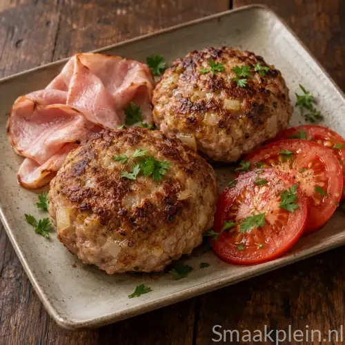 Reuzen-kalfsburger met gebakken appel en krokant katenspek