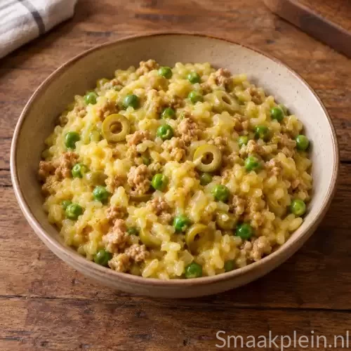 Romige risotto met kalkoen, doperwten, groene olijven en kerrie.