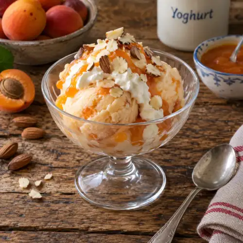 Romig abrikozendessert met yoghurt, slagroom, vanille en geroosterde amandelen