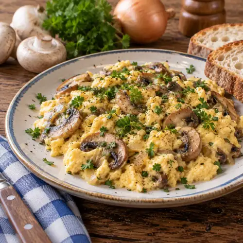 Romig roerei met gebakken champignons, ui, peterselie en kervel