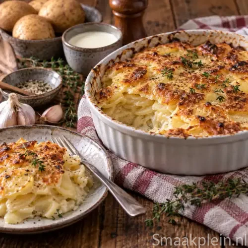 Romige aardappelgratin met dunne plakjes aardappel en een licht goudbruine bovenkant