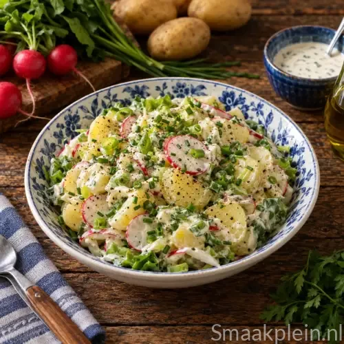 Romige aardappelsalade met radijs, prei, bieslook en mosterddressing