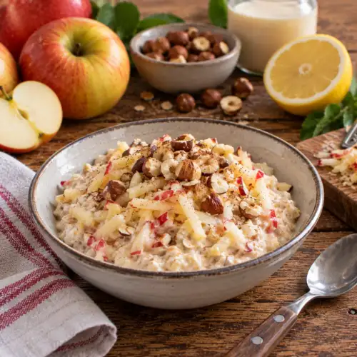 Romige appelmuesli met havermout, geraspte appel en fijngehakte hazelnoten