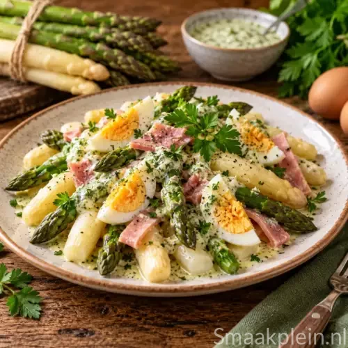 Romige aspergesalade met witte asperges, veldsla, ei en frisse roomdressing