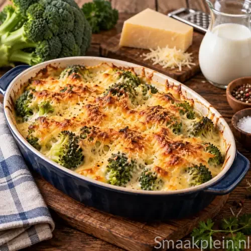 Romige broccoligratin met Gruyère en een goudbruin gegratineerde kaaslaag