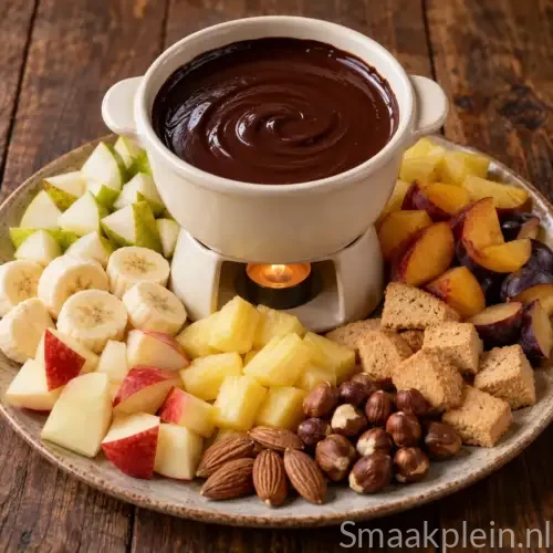 Romige chocoladefondue met pure chocolade, cognac en verschillende soorten vers fruit