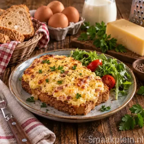 Romige Amerikaanse eifondue met gesmolten kaas en ei op krokant geroosterde toast