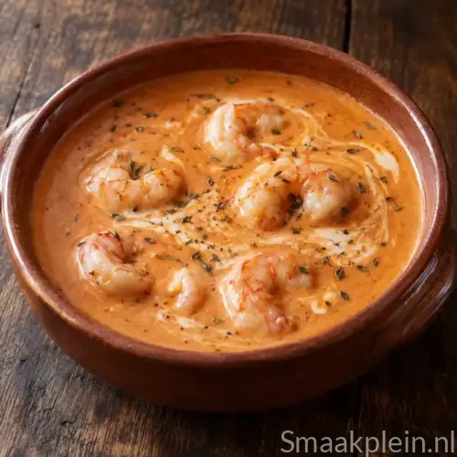 Romige garnalensoep met cognac, tomaat, witte wijn en room