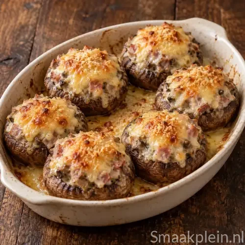 Romige gevulde champignons met ham, sjalot, bechamelsaus en gegratineerde gruyère