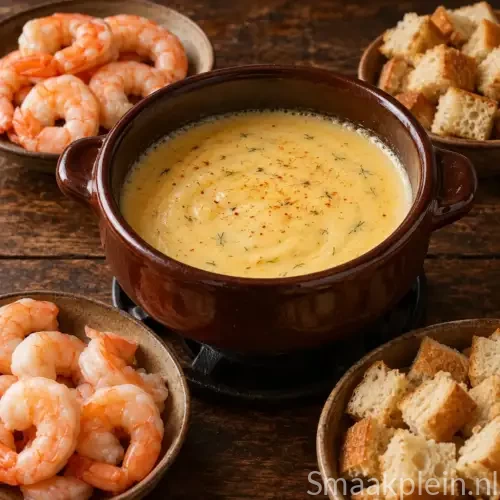 Romige Hollandse garnalenfondue met fonduekaas, slagroom, dille en stokbrood