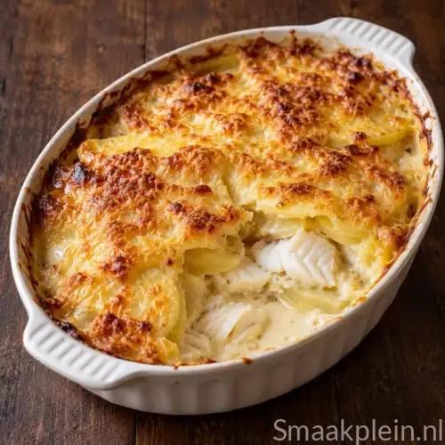 Romige kabeljauwgratin met aardappelschijfjes, Gruyère en goudbruine kaaslaag