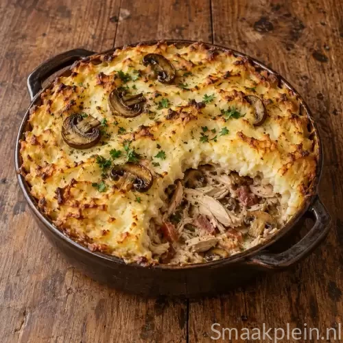 Romige kip-aardappeltaart met champignons, gerookt spek en tomaat