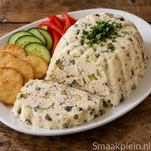 Romige kip in gelei met augurk, kappertjes, komkommer en rode paprika