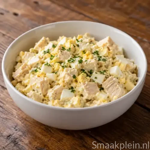 Romige kipsalade met gekookt ei, mayonaise, mosterd en verse peterselie