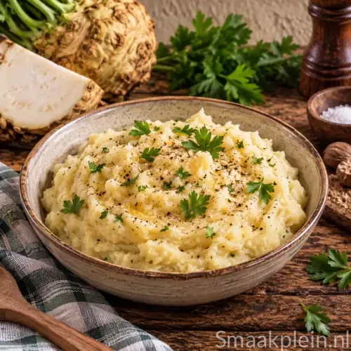 Romige knolselderijpuree met aardappel, boter, peterselie en nootmuskaat