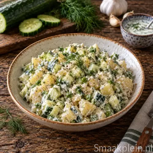 Romige komkommersalade met doperwtjes, roomkaas, kwark en verse dille