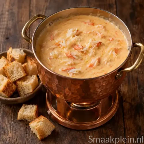 Romige krabfondue met krabvlees, sherry, slagroom en stokbrood