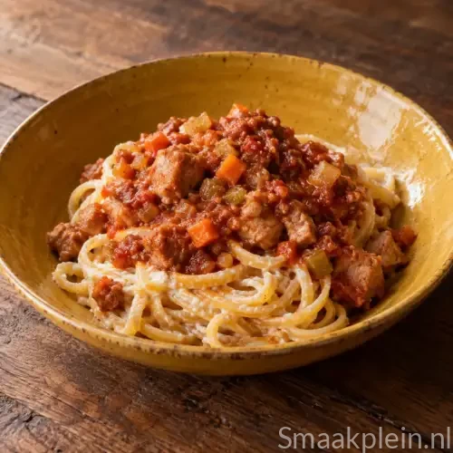 Romige linguine met varkensragout, tomaat, groenten en ricotta