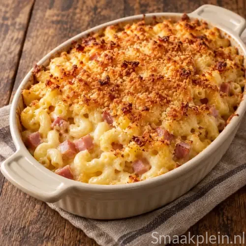 Romige macaroni met ham, pecorino, gruyère en een goudbruin krokant korstje
