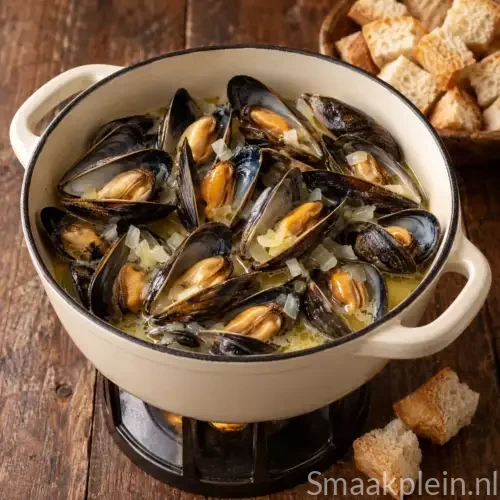 Romige mossel-kaasfondue met Zwitserse kaas, mosselvlees, ui en droge sherry