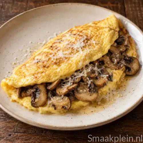 Romige omelet gevuld met gebakken champignons, slagroom en marjolein