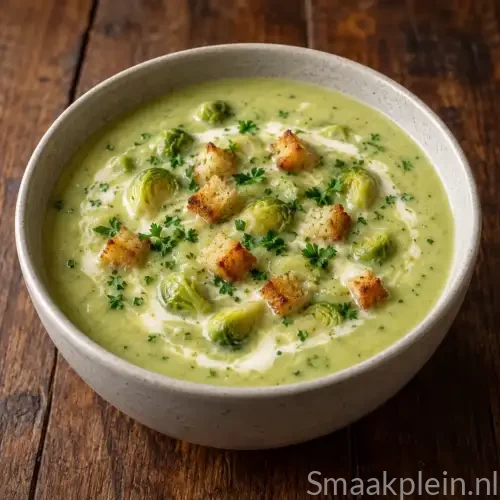 Romige spruitjessoep met aardappel, bleekselderij, verse kruiden en krokante broodkorstjes