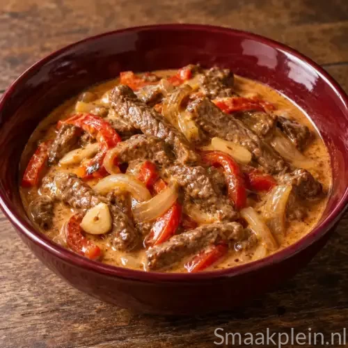 Romige stroganoffreepjes met biefstuk, paprika, ui en cognacsaus