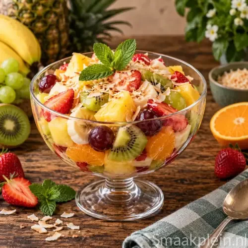 Romige tutti-frutti met appel, banaan, sinaasappel, tomaat en slagroom