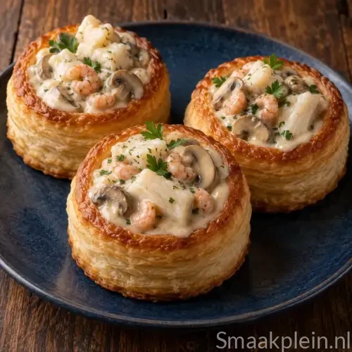 Krokante vol-au-vents gevuld met tongfilet, garnalen en champignons in romige saus
