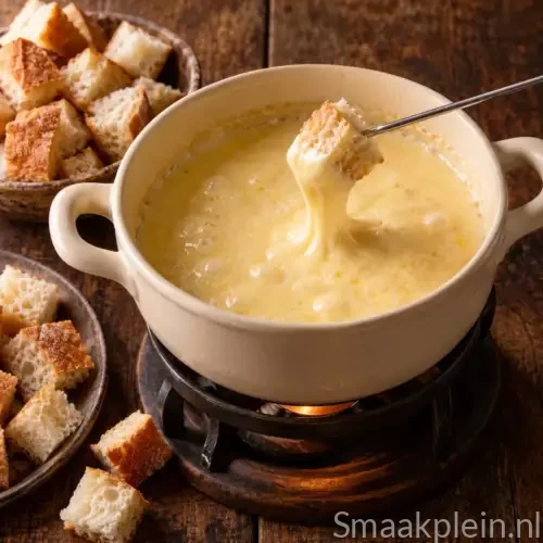Romige wijnfondue met gesmolten kaas, droge rosé, mais en Slivovitsj