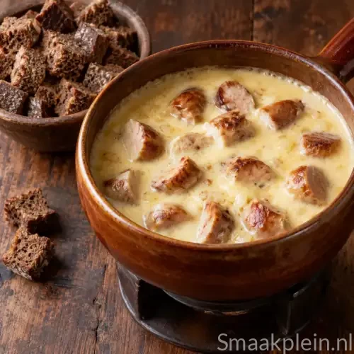 Romige worstfondue met braadworst, Gruyère, witte wijn, cognac en roggebrood