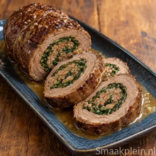 Gevulde runderrollade met spinazie en saucijs geserveerd met warme gembersaus