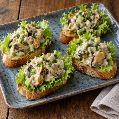 Mosselsalade met mosterd-yoghurtsaus, bleekselderij en bieslook op geroosterd stokbrood.
