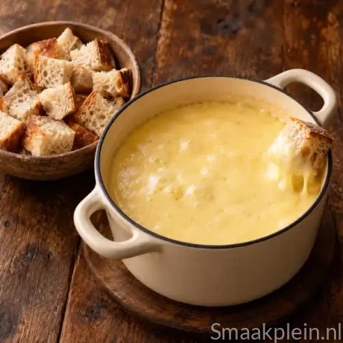 Savooise kaasfondue met gesmolten Gruyère en Emmentaler, witte wijn en brood