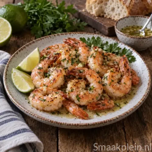 Gebakken scampi met frisse limoendressing, koriander en knapperige sla als feestelijk vorkhapje