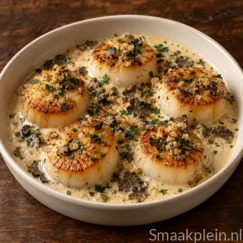 Sint-jakobsschelpen met romige truffelsaus, cognac, port en verse peterselie