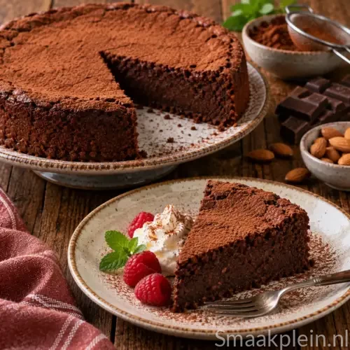 Smeuïge glutenvrije chocolade-amandeltaart zonder bloem met pure chocolade en cacao
