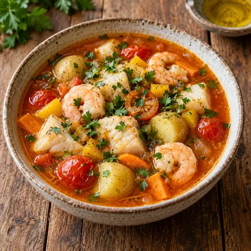 Snelle vissoep met kabeljauw, garnalen, krieltjes, cherrytomaten en gele paprika.