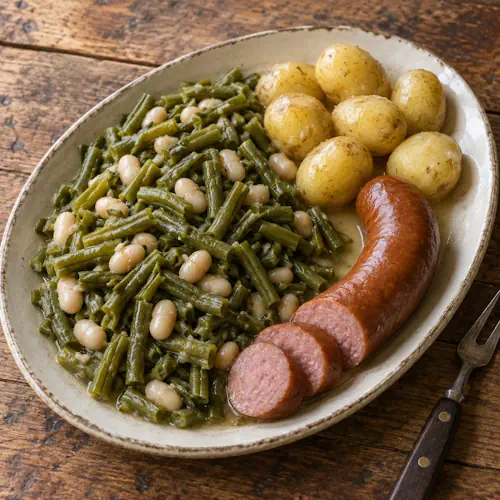Snijbonen met witte bonen, gekookte aardappelen en rookworst.