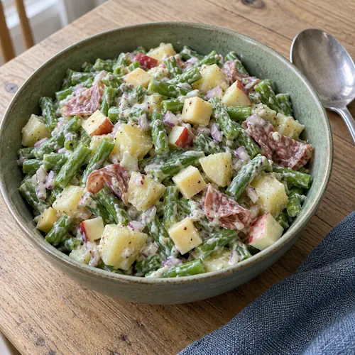 Snijbonensalade met aardappel, appel, salami, jonge kaas en romige mosterddressing.