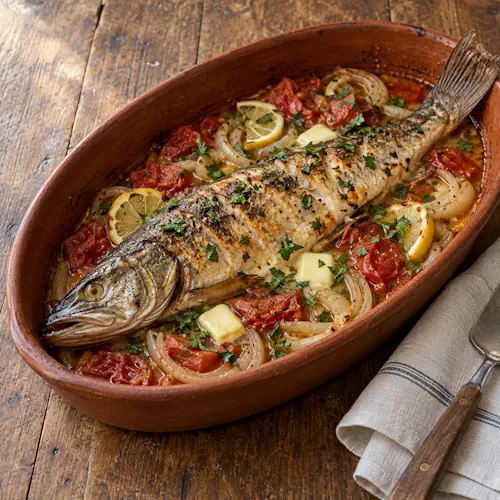 Snoek uit de oven met witte wijn, tomaat, ui, citroen en peterselie.