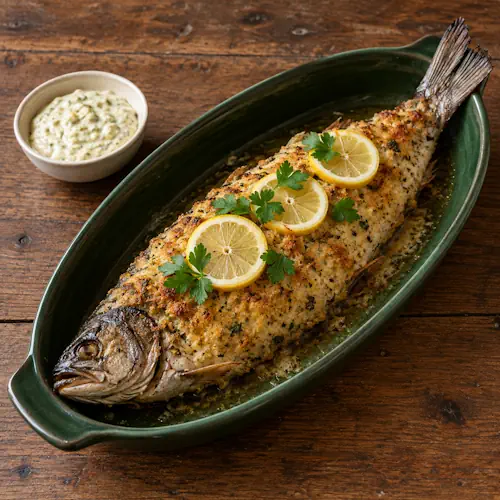 Snoek met krokant paneermeelkorstje, citroen, peterselie en remouladesaus.