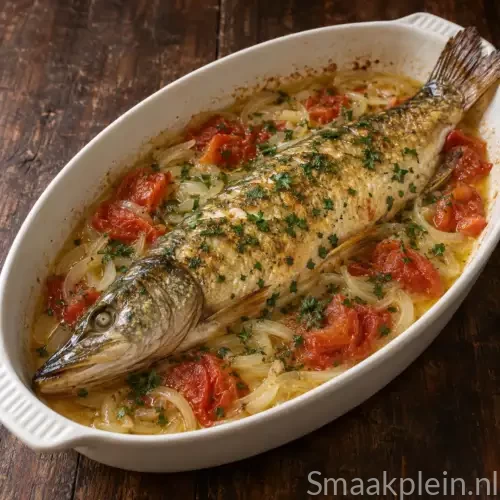 Snoek uit de oven met witte wijn, tomaat, ui, citroen en verse peterselie