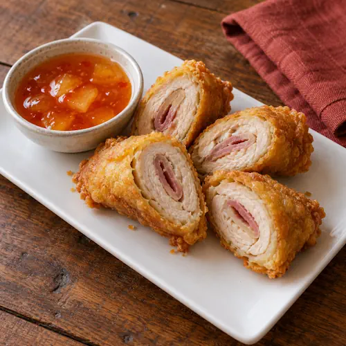 Chinese krokante kip-hamrolletjes met zoetzure ananassaus.