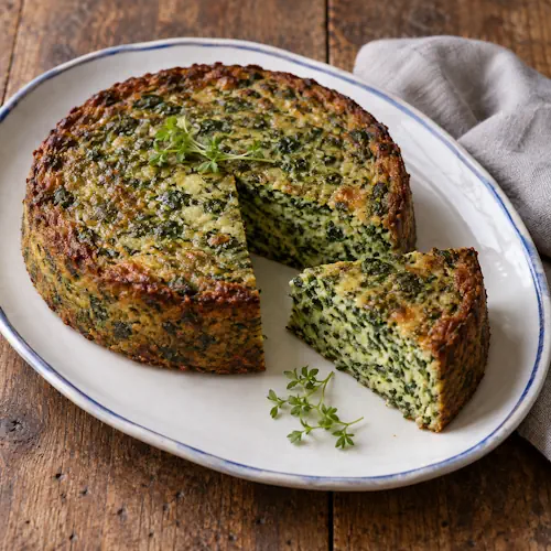 Spinazieflan met Parmezaanse kaas en nootmuskaat, in punten gesneden.