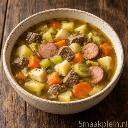 Stevige wintersoep met rundvlees, witte bonen, aardappelen, prei en wortel