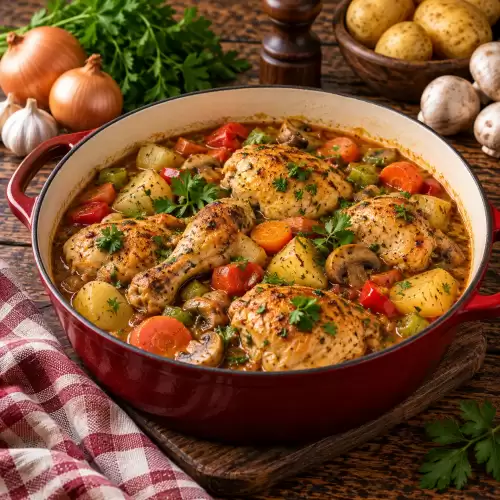 Stoofpot van kip met aardappelen, wortel, ui en verse kruiden in een rijke saus op een rustieke houten tafel.