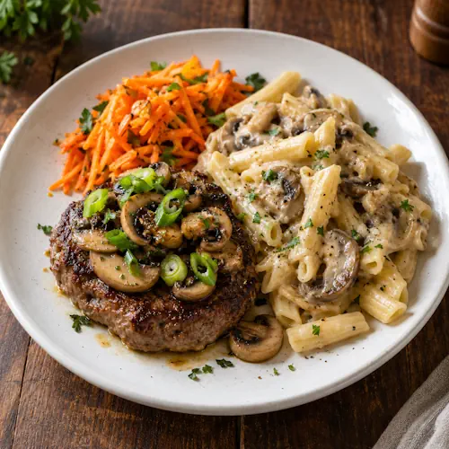 Tartaartje met gebakken champignons, romige champignonpasta en wortelrauwkost.