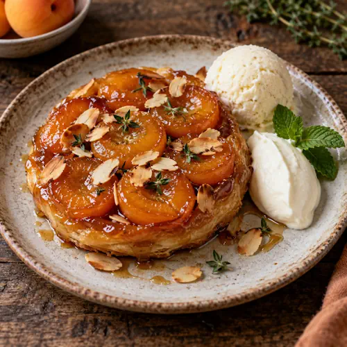 Tarte tatin van gekaramelliseerde abrikozen met amandelen, crème fraîche en vanille-ijs.